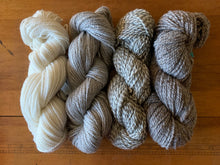 Load image into Gallery viewer, Four skeins of naturally colored Romney: white, silver, white and light gray marled, and light and dark gray marled.
