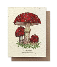 Load image into Gallery viewer, A greeting card made of seed paper shows a large red-capped Fly Agaric Mushroom with two smaller beneath. It is labeled as such, with the Latin name Amanita muscaria beneath the English name.
