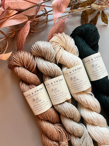 DK weight linen yarn in four colors - caramel, stone, white and dark green