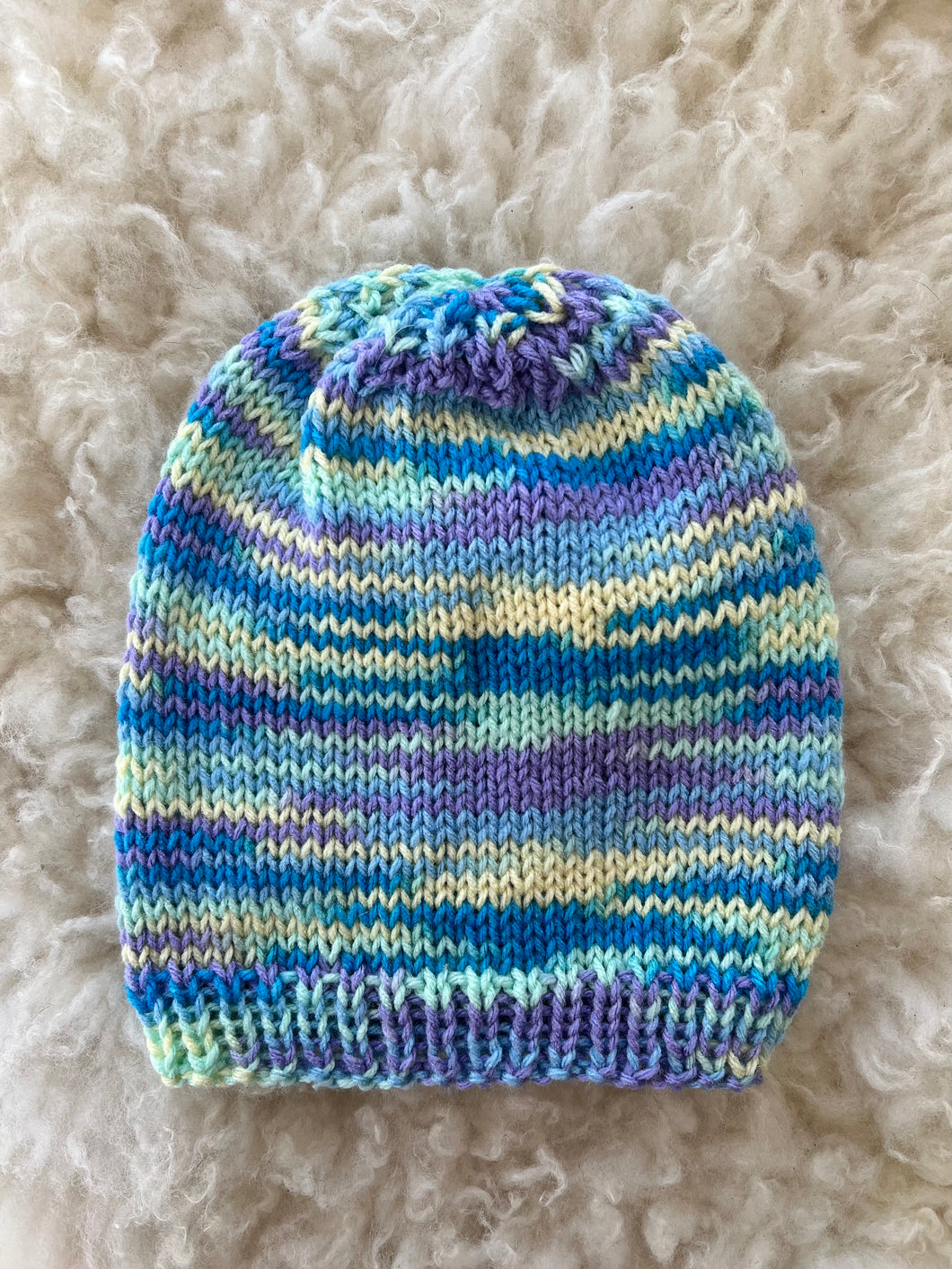 Hand Knit Beanie, Blue Multicolor