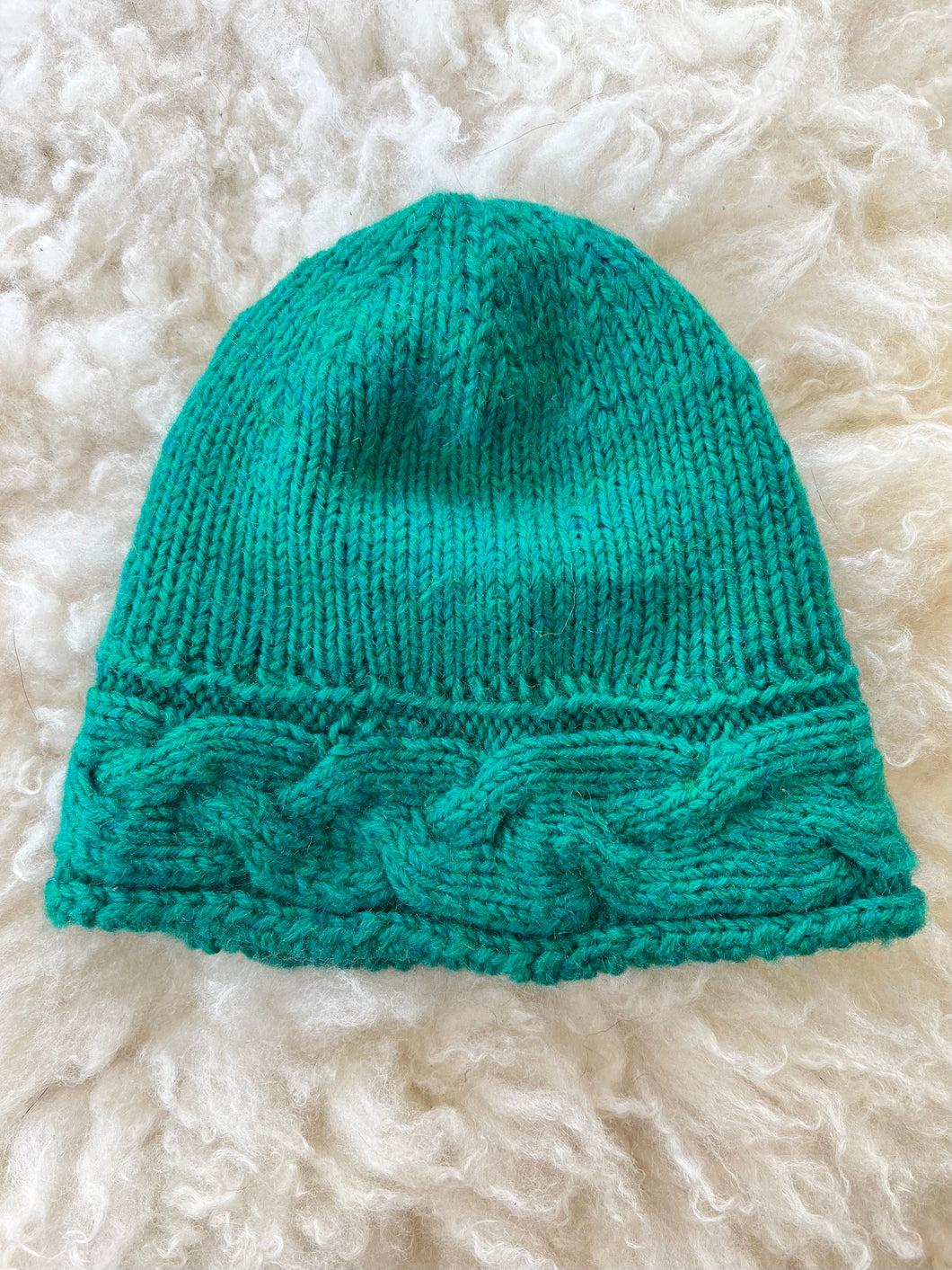 Hand Knit Child's Beanie, Aqua Cabled