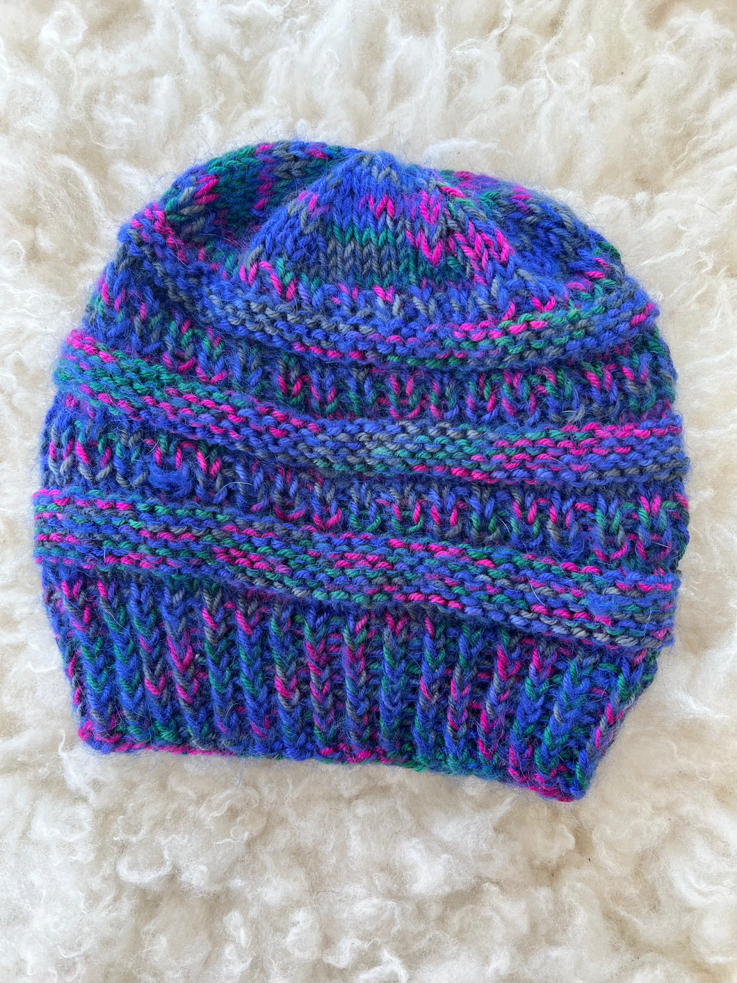 Hand Knit Beanie, Navy and Pink Multicolor
