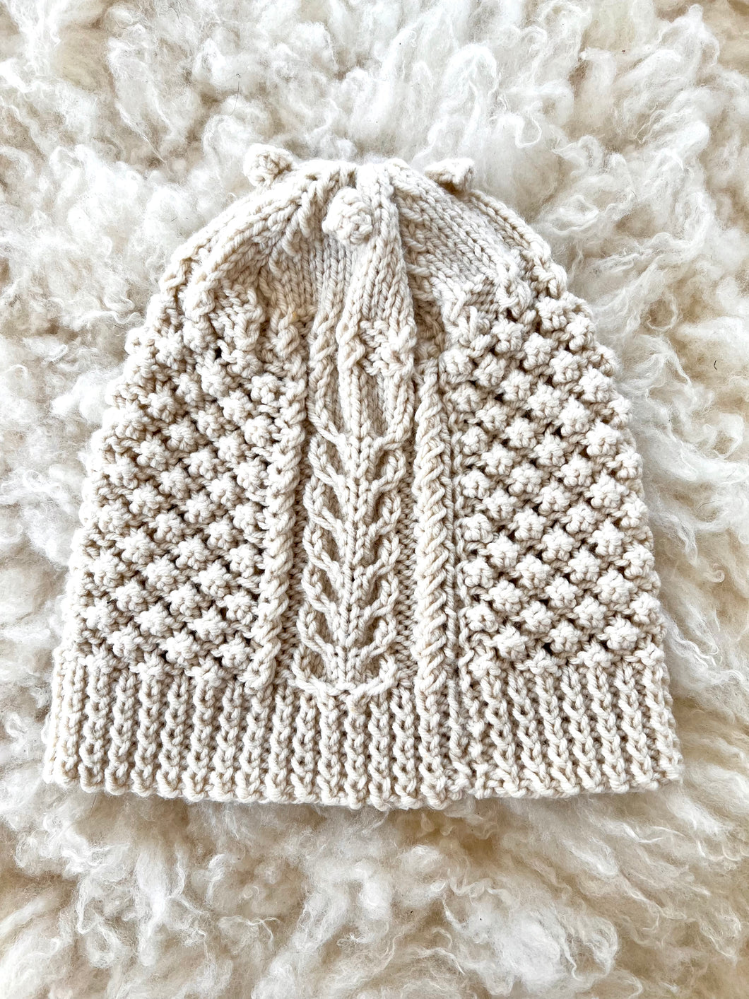 Hand Knit Cable Hat with Bobbles, White