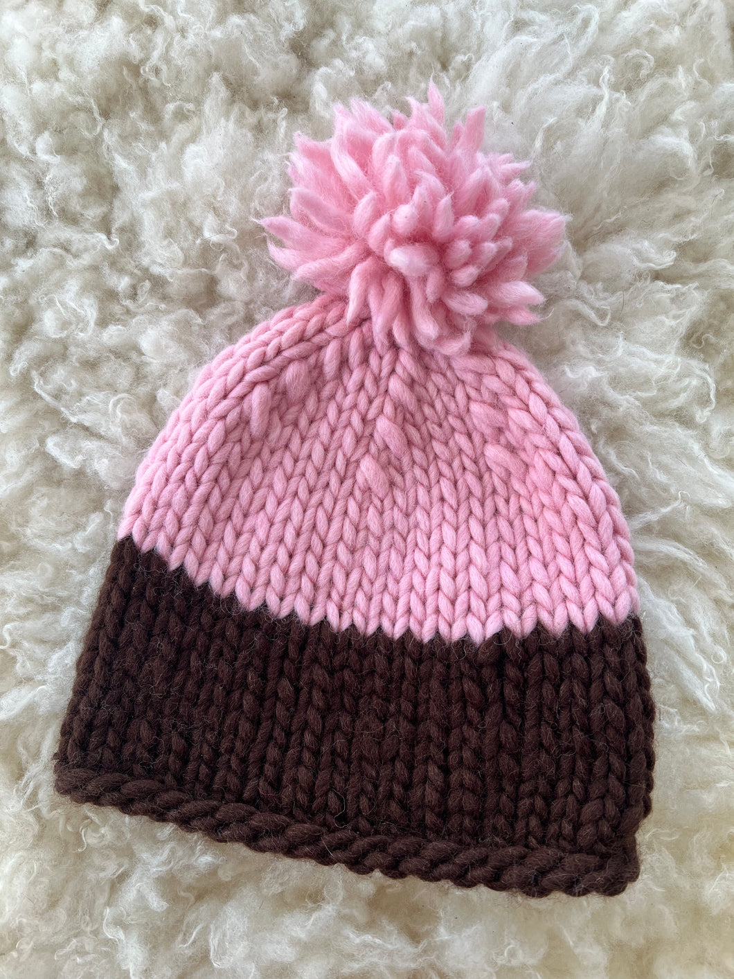 Hand-Knit Chunky Pom Pom Hat, Pink and Brown