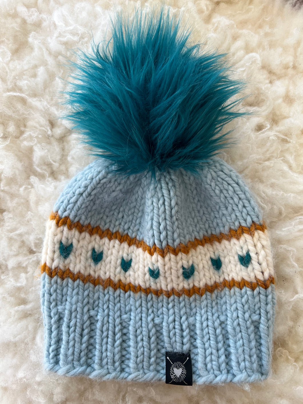 Hand Knit Hat with Pom Pom, Blue