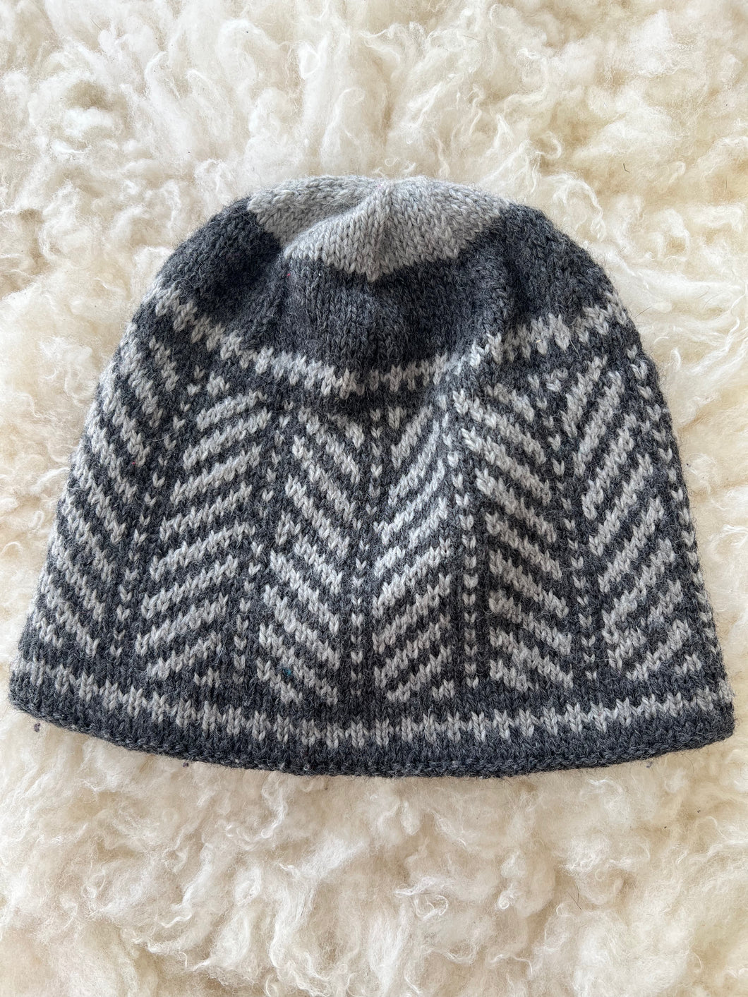 Hand Knit Beanie, Gray Patterned