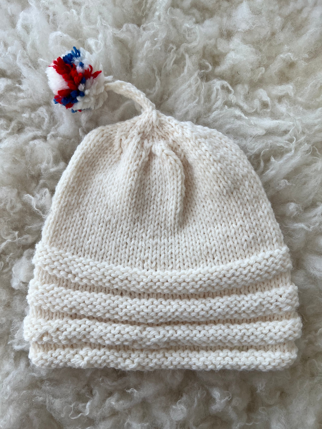 Hand-Knit Hat with Pom Pom, White