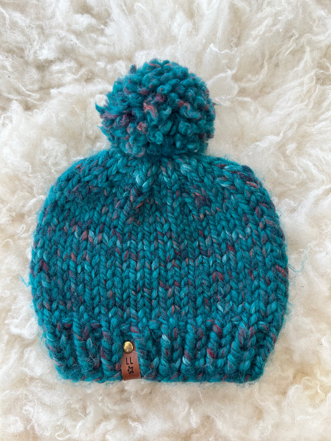 Baby / Toddler Hand-Knit Beanie with Pom Pom, Aqua