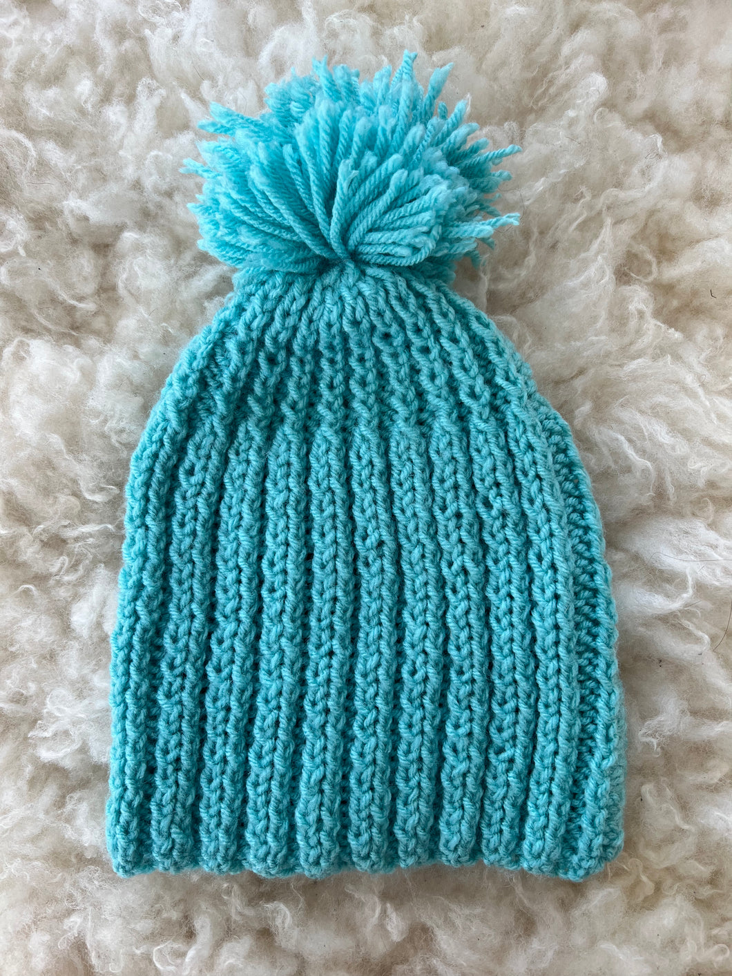 Hand-Knit Pom Pom Hat, Turquoise