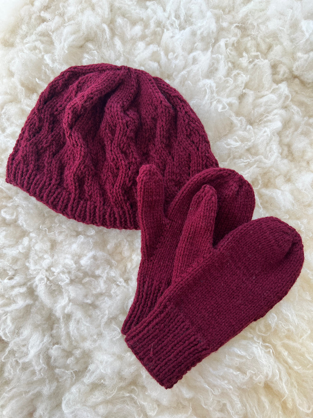 Hand-Knit Hat and Mittens Combo, Maroon