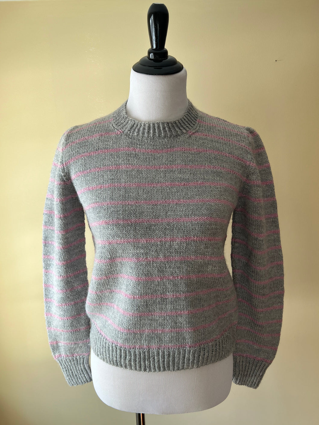 Hand Knit Gray and Pink Striped Sweater