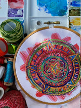 Load image into Gallery viewer, A hand-embroidered pattern featuring a compass design on a red painted background.
