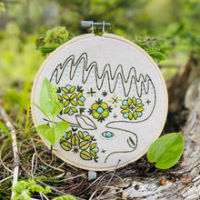 Load image into Gallery viewer, Embroidery hoop holds unbleached fabric stitched with a folk-style moose design, in greens and blues.
