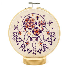 Load image into Gallery viewer, A wood embroidery hoop holds unbleached fabric stitched with a pattern of four wolves howling at a moon decorated with flowers, in colors of purple, red and pink.
