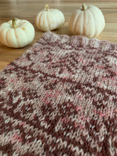 Load image into Gallery viewer, A colorwork knit cowl lies on a table next to 3 white mini pumpkins; it is knit in a main color of varying mauves and pinks with a contrast color of dark mauve depicting trees, flowers and vines.
