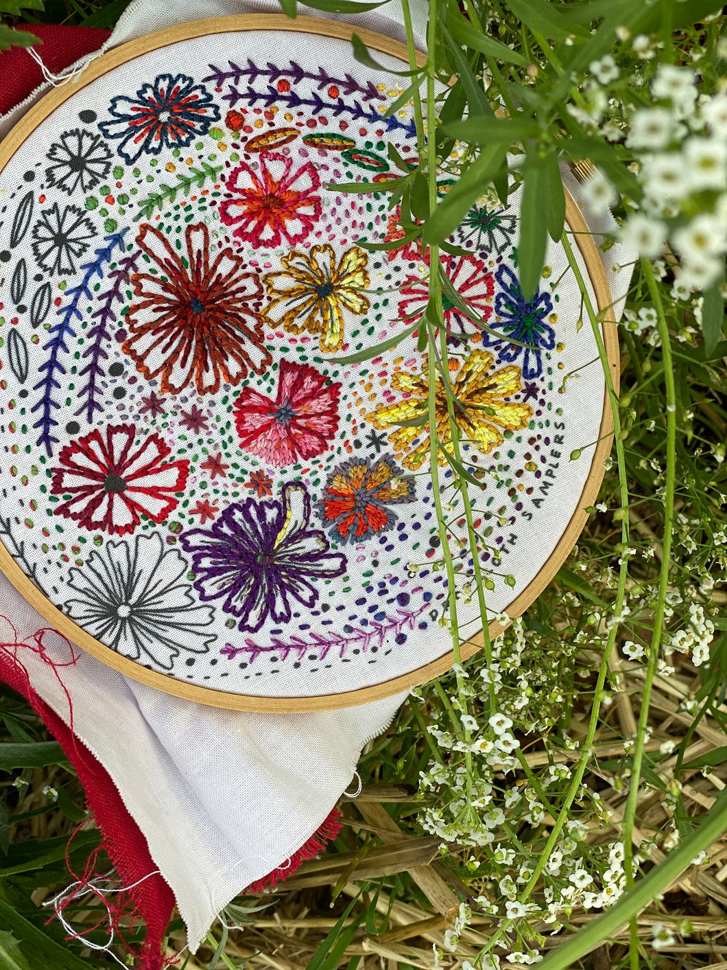 An embroidery pattern of varying flowers and multi-colored stitches.