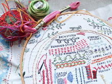 Load image into Gallery viewer, An embroidery sampler in many colors features different stitch techniques.
