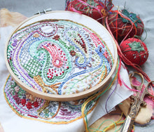 Load image into Gallery viewer, A hand-embroidered piece featuring colorful paisley patterns.
