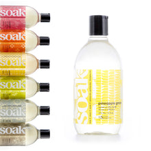 Load image into Gallery viewer, A 12 oz bottle of Soak, scent Pineapple Grove. The other scents are shown to the left.
