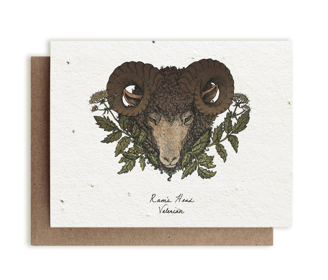 A greeting card on seed paper showing a ram's head with curved horns surrounded by greenery.